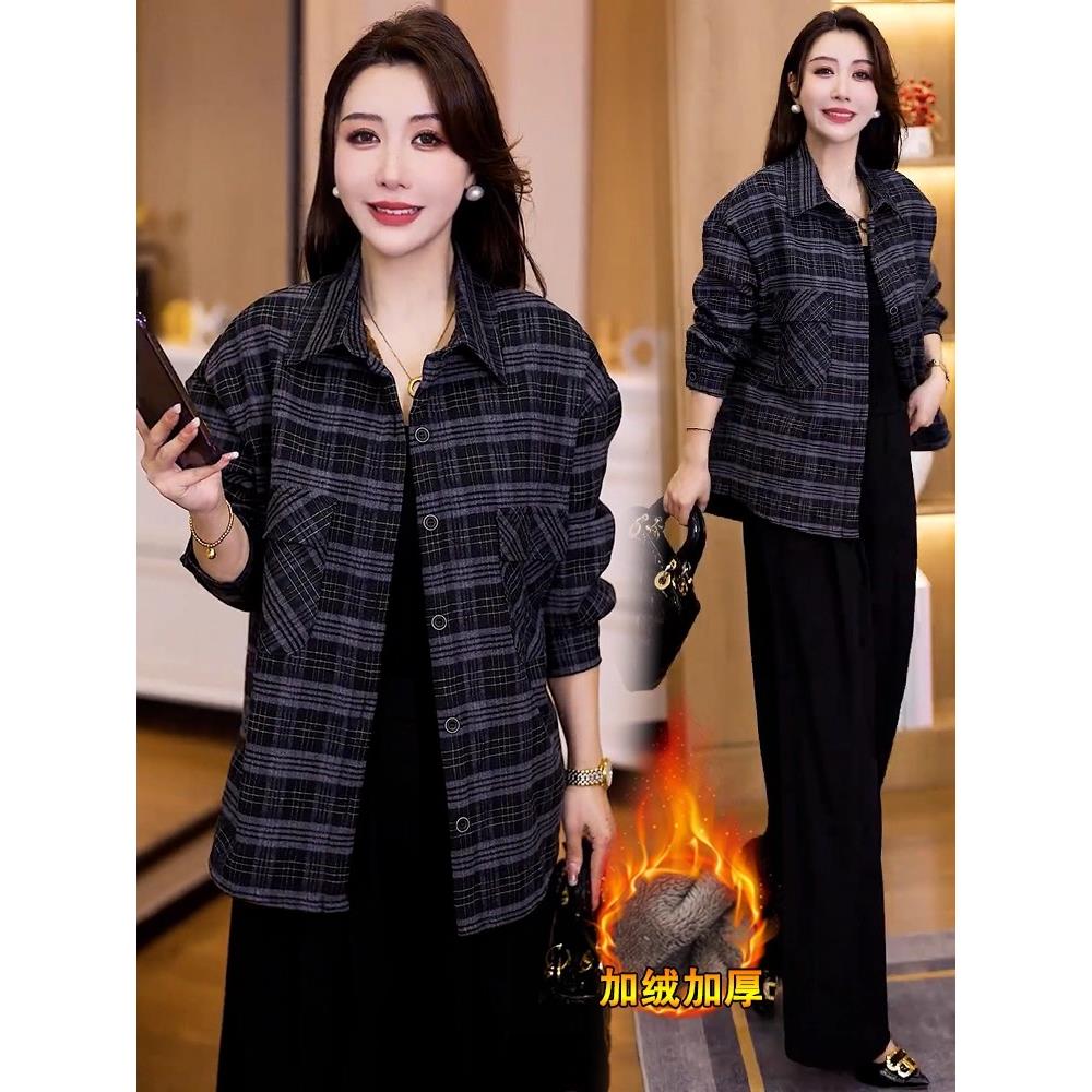 MONLOUVE加绒加厚格子短外套女2025秋季新款韩版大码宽松显瘦保暖