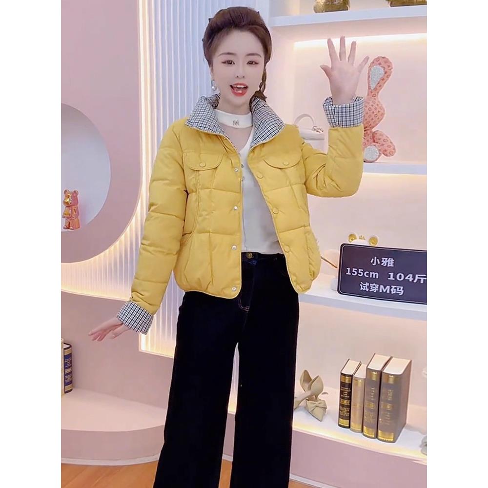 MONLOUVE时尚短款羽绒服外套女冬季新款洋气保暖袄格子拼接加厚衣