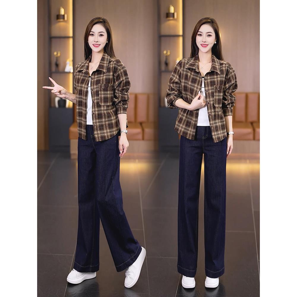 MONLOUVE时尚格子衬衫女2025秋季新款气质宽松百搭宽松长袖短款衬