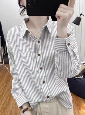 MONLOUVE女士纯蓝色条纹衬衫2025新款广东普宁休闲衬衣大码早秋长