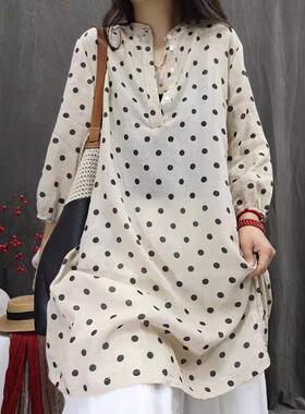 MONLOUVE黑色中长款波点衬衫女士2025春秋季新款遮屁股八分袖宽松