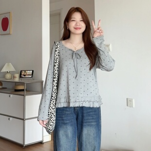 胖mm早春显瘦正肩T恤波点荷叶边别致上衣0765 女装 微胖 喵喵大码