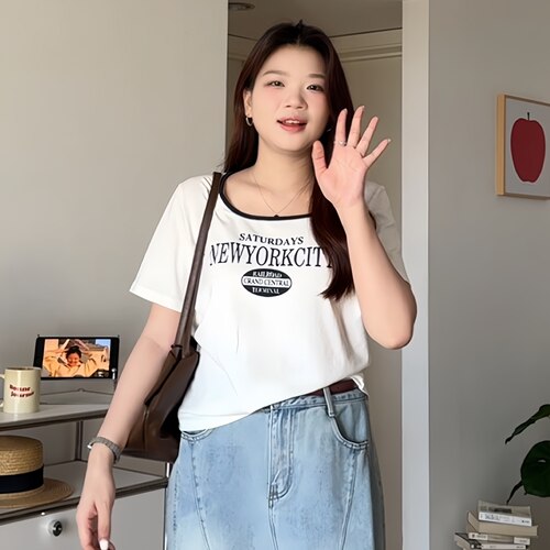 大码遮肚显瘦印花短袖T恤上衣女