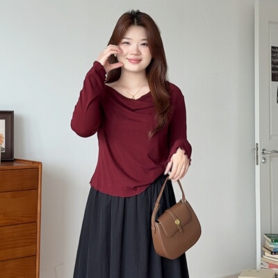 大码女装V领长袖针织衫显瘦上衣