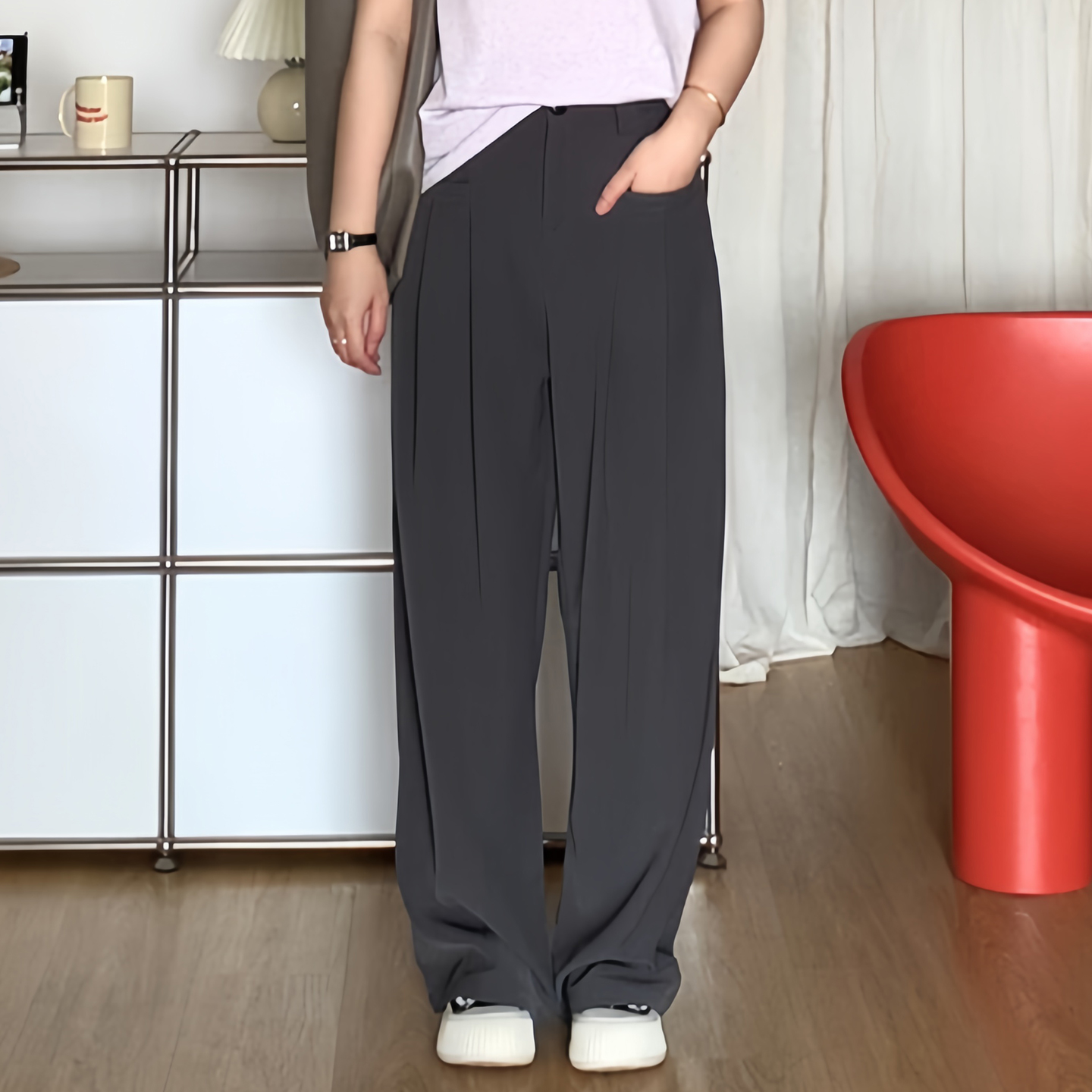 大码春夏阔腿西装裤子梨型女高腰