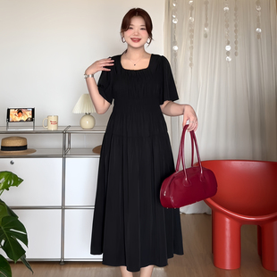 显瘦遮肚方领掐腰连衣裙1705 微胖 喵喵大码 女装 胖mm夏天巨好看