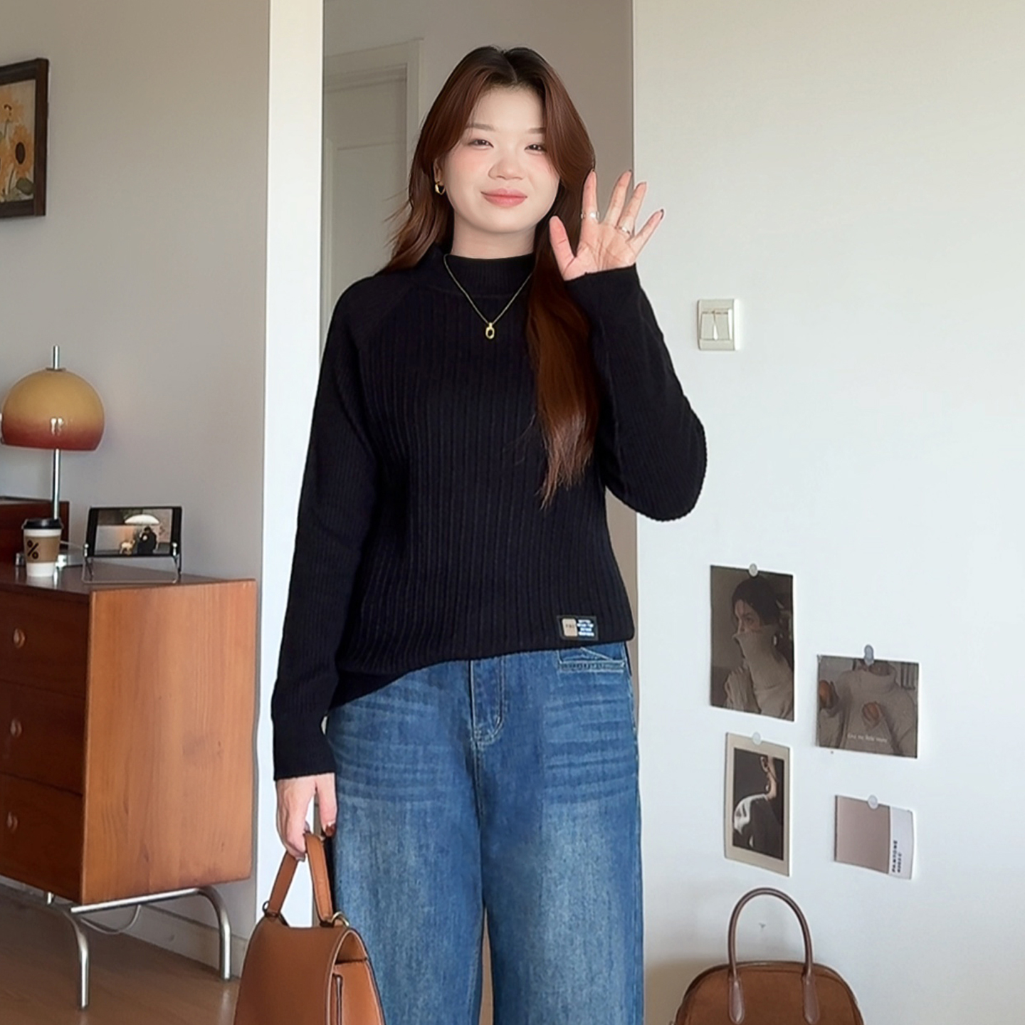 大码胖mm宽松半高领针织打底上衣