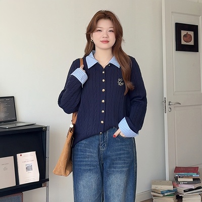 大码胖mm拼接设计感针织开衫上衣