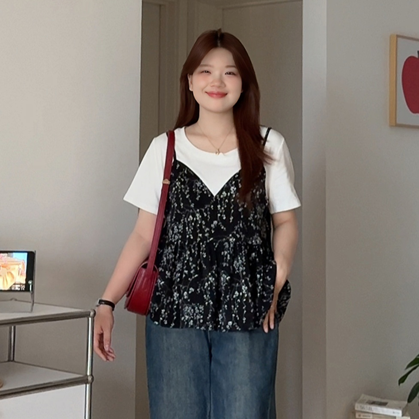 大码女装胖mm假两件拼接碎花T恤