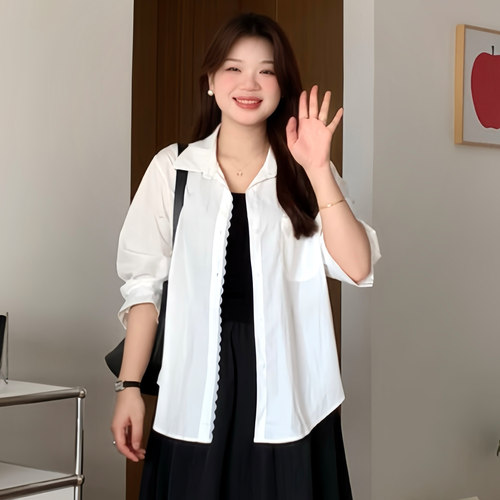 大码宽松显瘦花边长袖衬衫上衣女