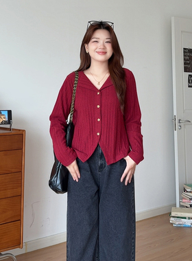 微胖的喵喵大码女装胖mm秋季巨显瘦正肩针织开衫红色v领上衣3670