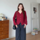 喵喵大码 女装 胖mm秋季 微胖 巨显瘦正肩针织开衫 红色v领上衣3670