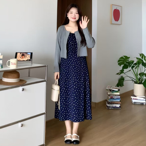 大码女装胖mm显瘦碎花连衣裙套装