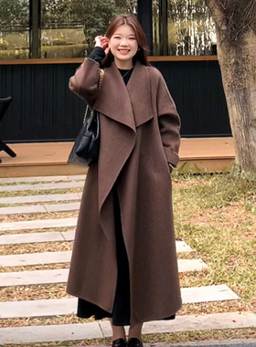 微胖的喵喵 大码胖mm冬装大翻领羊毛大衣a字版毛呢外套中长款5008