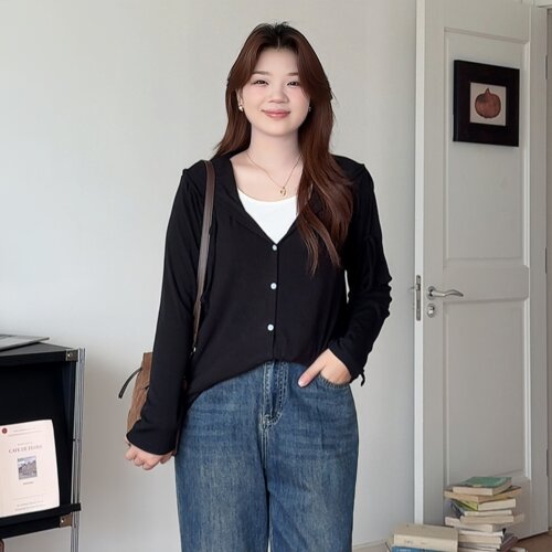 大码女装胖mm韩系假两件连帽上衣
