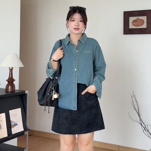 大码女装胖mm早秋牛仔衬衫上衣