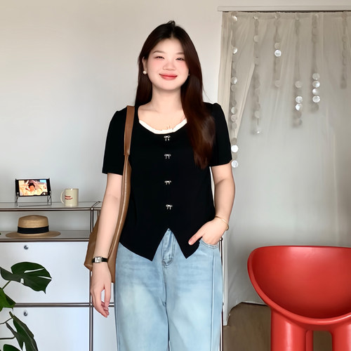 大码女装蕾丝边收腰短袖T恤上衣