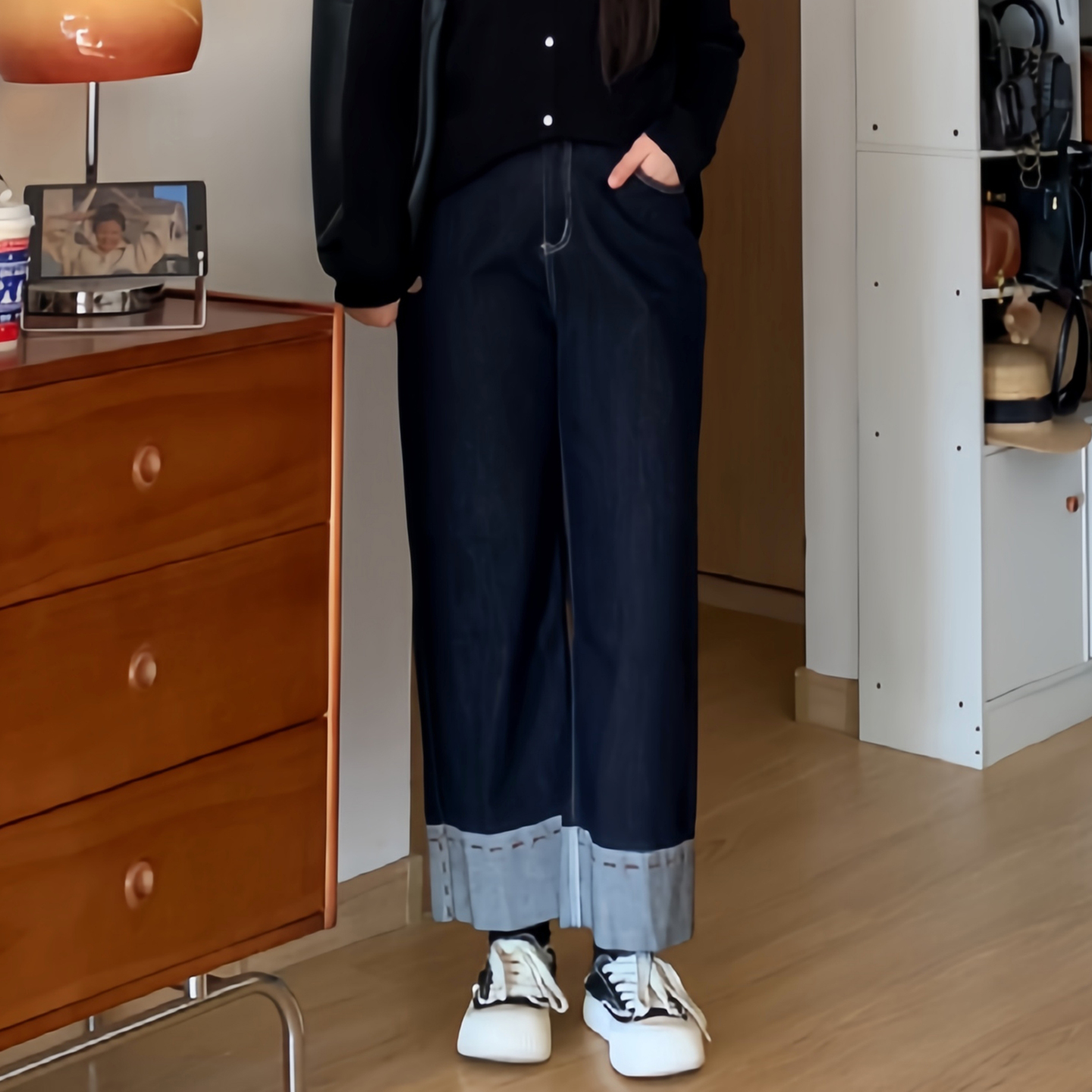 喵喵大码春夏胖mm卷边直筒牛仔裤