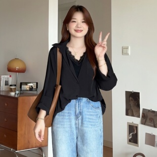 喵喵大码 减龄假两件蕾丝花边衬衫 女装 新款 上衣2867 胖mm春装 微胖