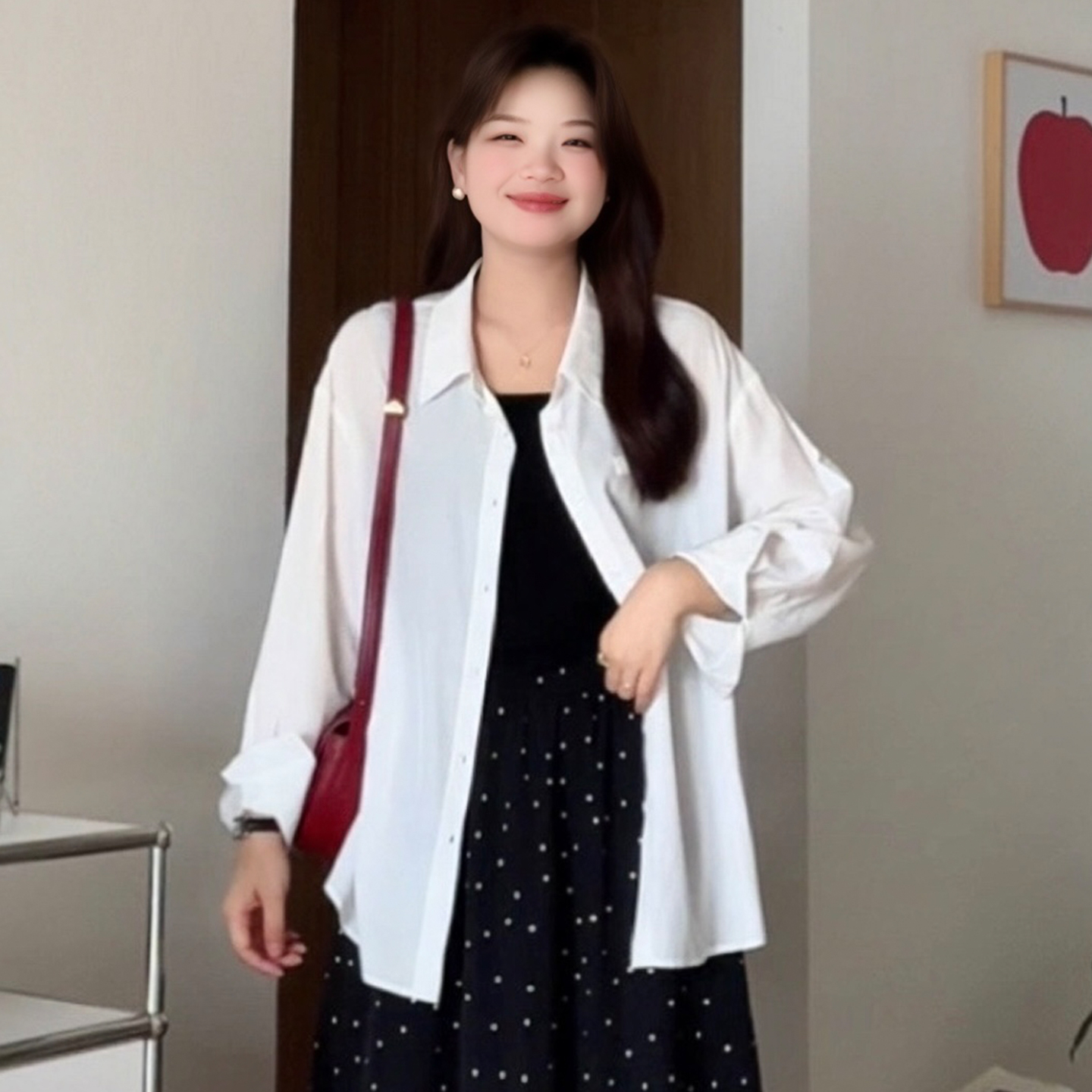 大码简约遮肉长袖衬衫外搭上衣女