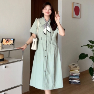 气质通勤显瘦短袖 微胖 适合胖mm夏季 喵喵大码 牛仔连衣裙0422 女装