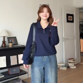 喵喵大码 polo领刺绣蝴蝶结长袖 女装 新款 上衣6298 胖mm春装 微胖