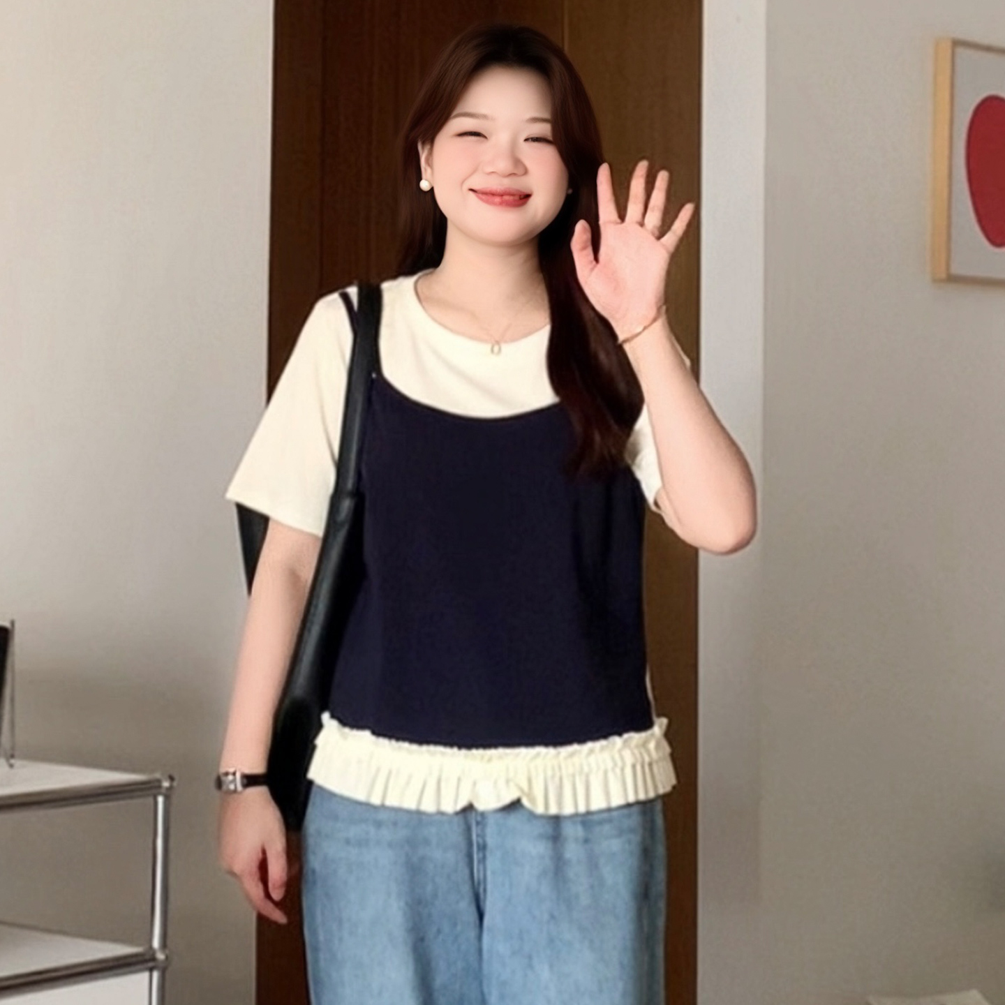 大码女装假两件吊带拼接短袖T恤