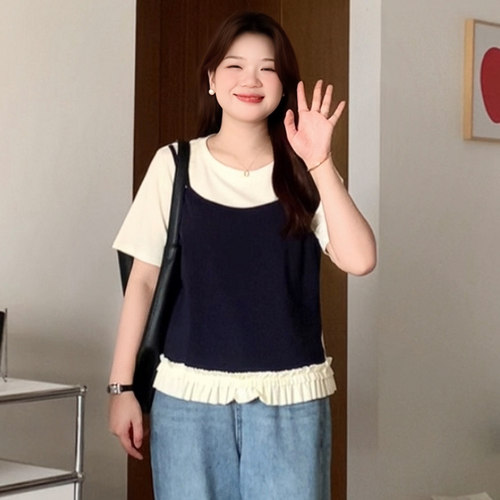 大码女装假两件吊带拼接短袖T恤