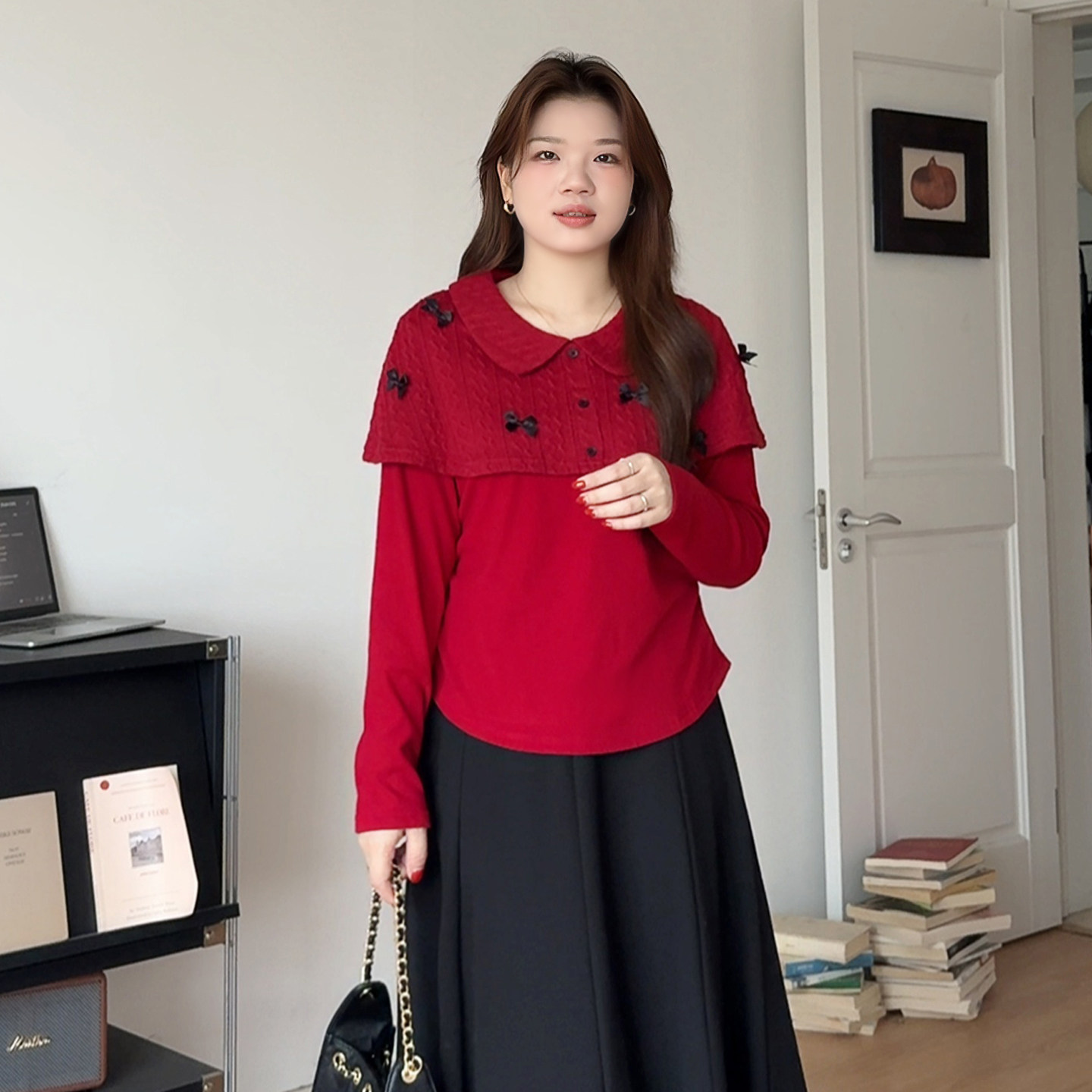 微胖的喵喵大码女装胖mm秋冬圣诞穿搭氛围感斗篷假两件针织衫2746,女装/女士精品,大码内搭,淘宝优惠券,粉丝福利购,淘宝优惠卷