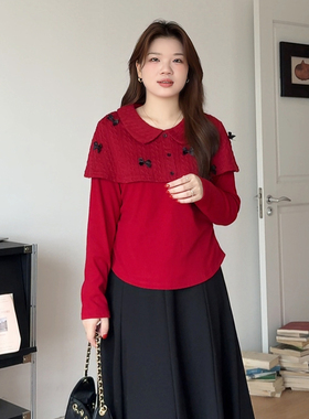 微胖的喵喵大码女装胖mm秋冬圣诞穿搭氛围感斗篷假两件针织衫2746