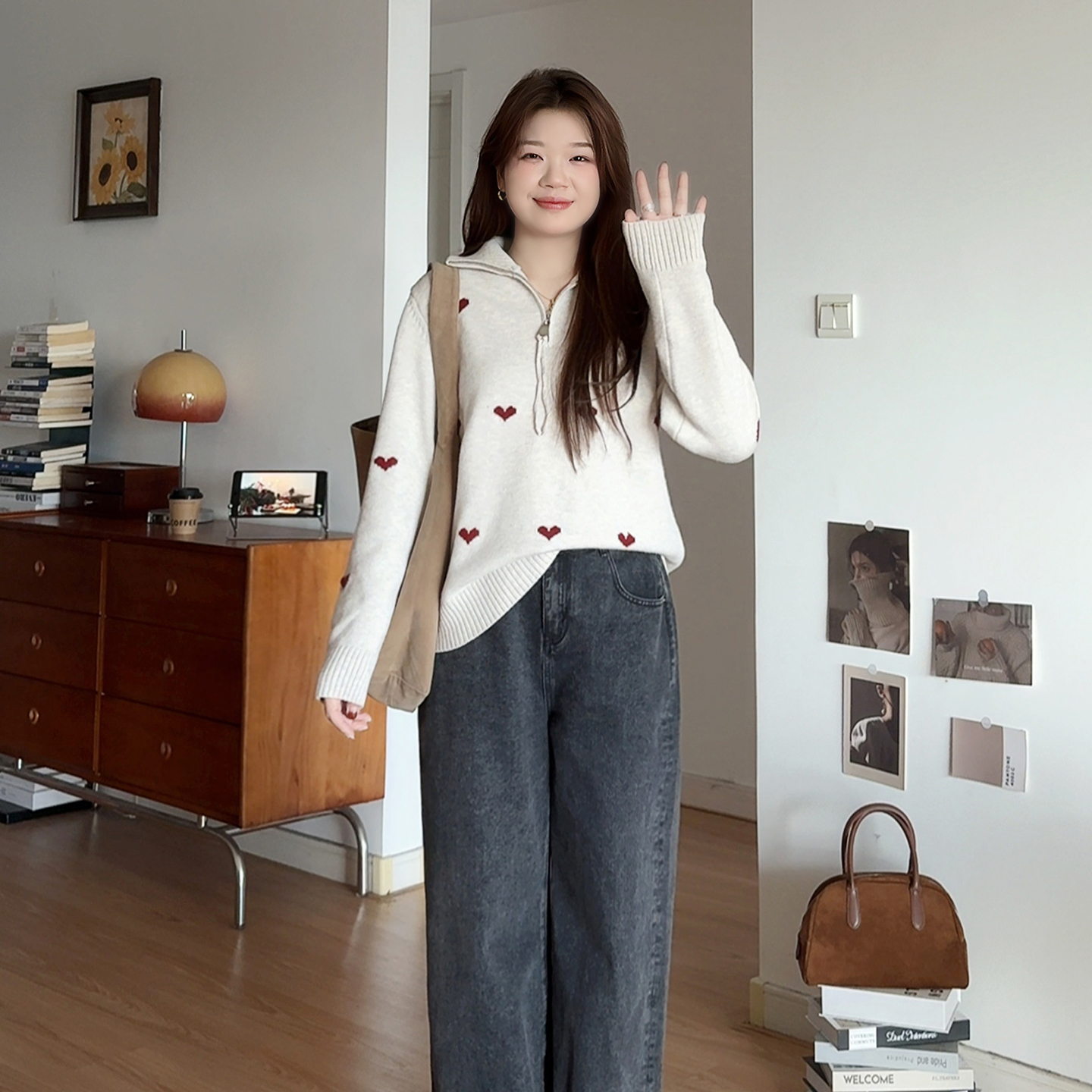 大码mm半开领拉链爱心针织毛衣女