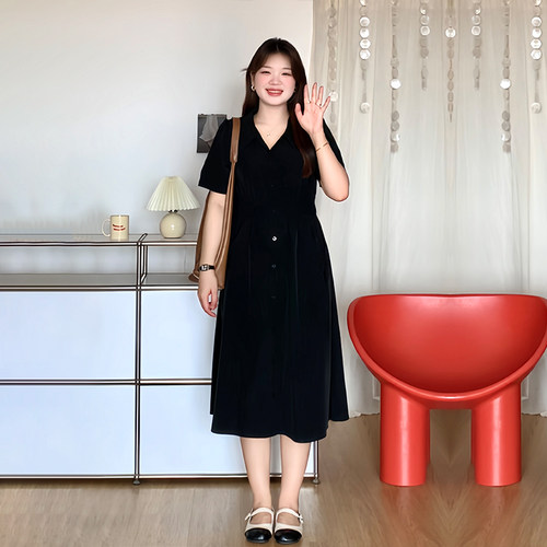 大码女装时尚收腰遮肉短袖连衣裙
