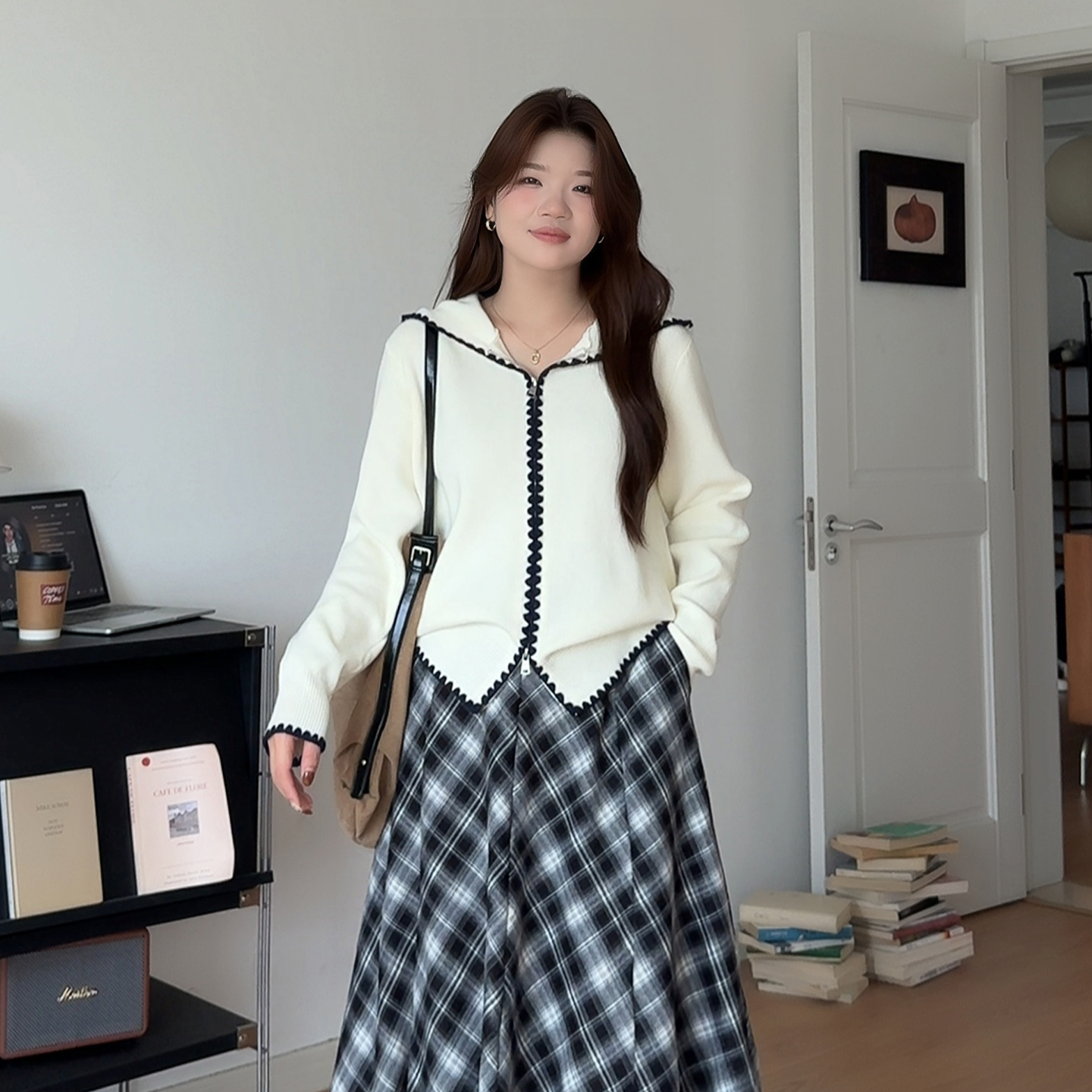 大码女装韩系撞色双拉链连帽针织