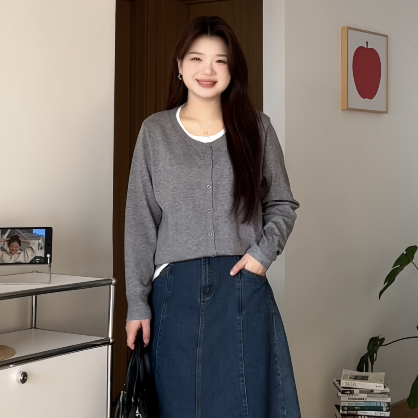 胖mm大码百搭假两件针织衫上衣女