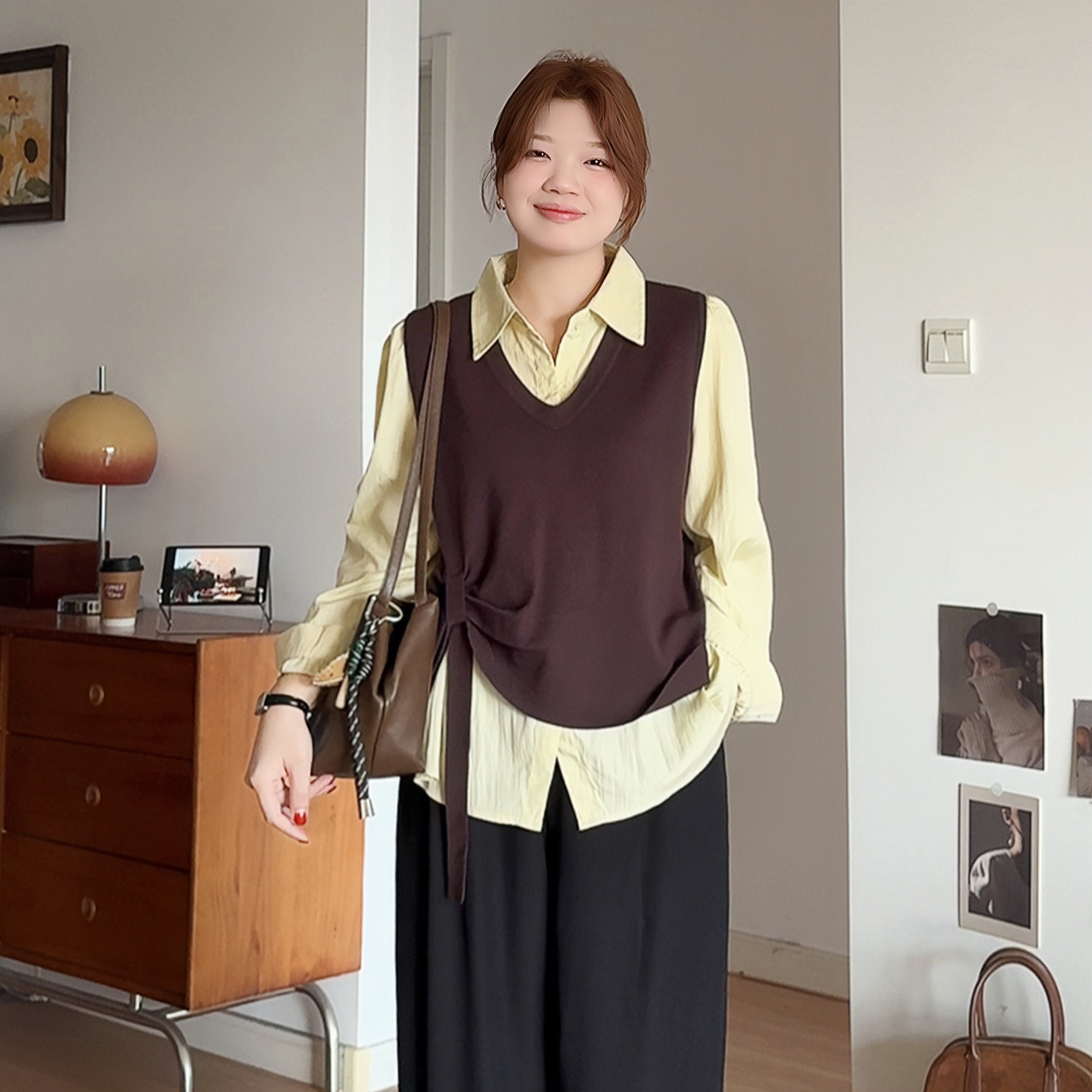 微胖的喵喵大码女装胖mm秋装通勤显瘦衬衫针织马甲背心两件套3081