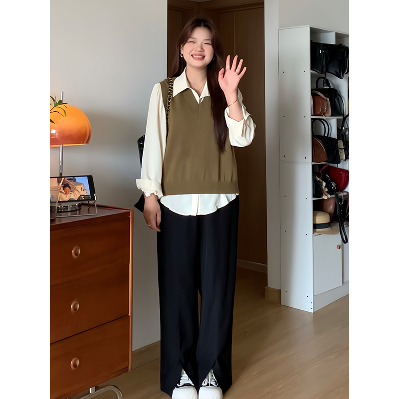 秋季针织马甲长袖衬衫大码套装女