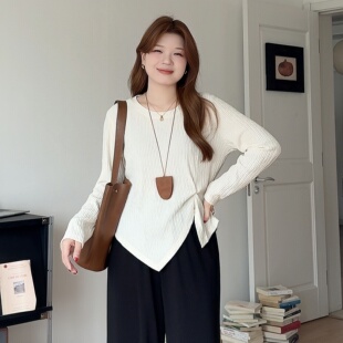 正肩打底T恤收腰设计感长袖 微胖 胖mm春装 女装 上衣0211 喵喵大码