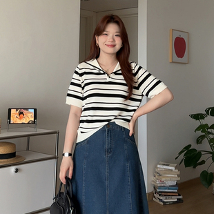 巨显瘦好看 微胖 胖mm夏季 喵喵大码 海军领条纹针织上衣4020 女装