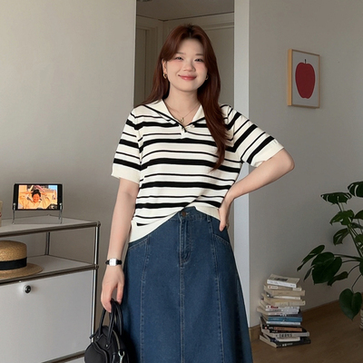 大码女装夏季海军领条纹针织上衣