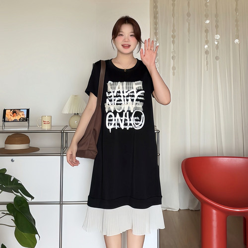 大码女装胖mm夏季显瘦圆领连衣裙