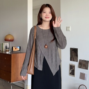 喵喵大码 针织打底衫 女装 长袖 显瘦内搭上衣3551 适合胖mm春装 微胖