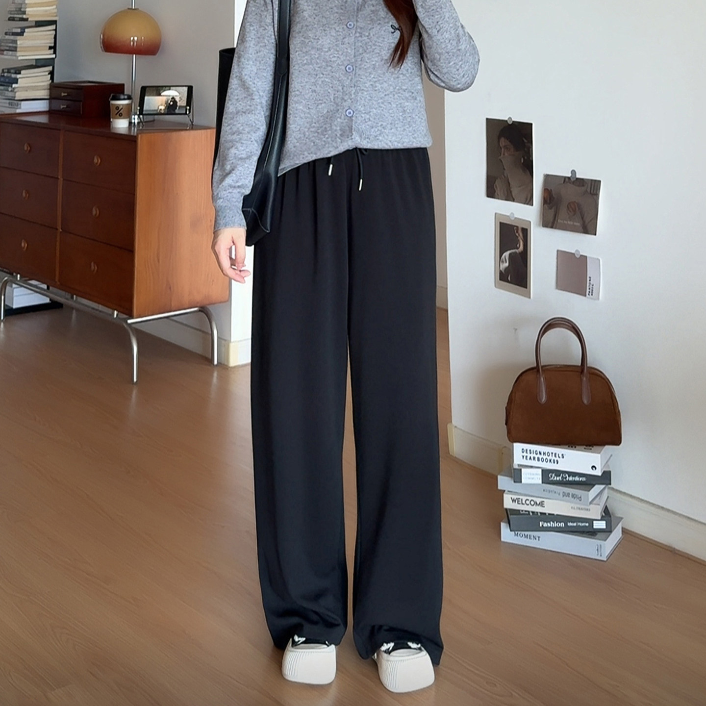 大码显瘦松紧腰抽绳加绒阔腿裤子