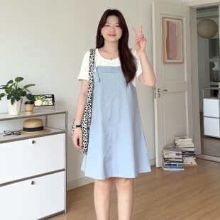 微胖的喵喵大码巨遮肉背带裙夏装胖妹妹撞色休闲假两件连衣裙4988