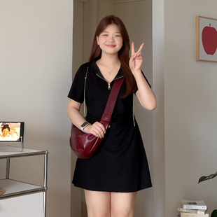 喵喵胖mm大码 夏季 微胖 女装 3327 新款 显瘦小个子黑色连帽连衣裙