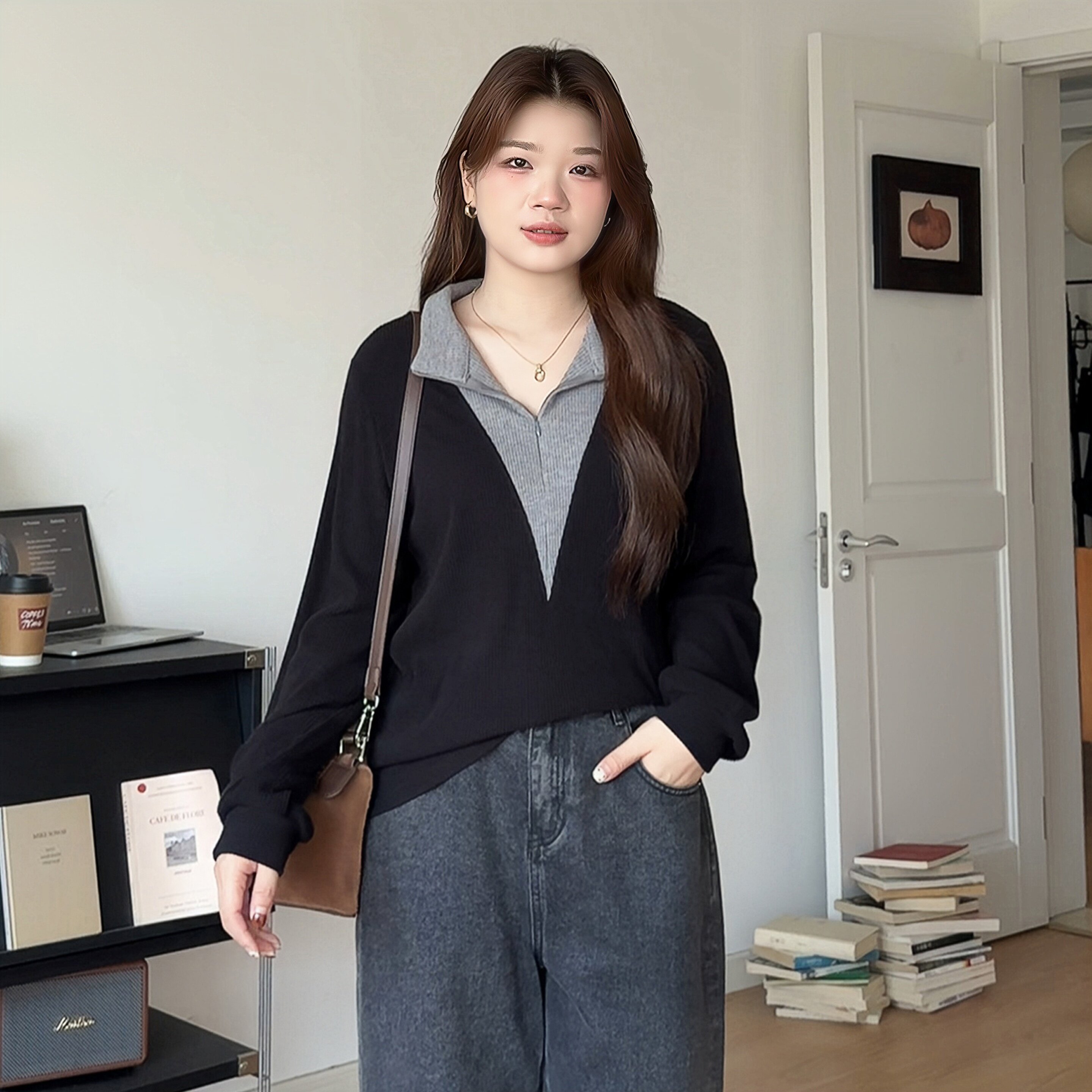 微胖的喵喵大码女装适合胖mm秋装高级感穿搭巨显瘦撞色针织衫3126