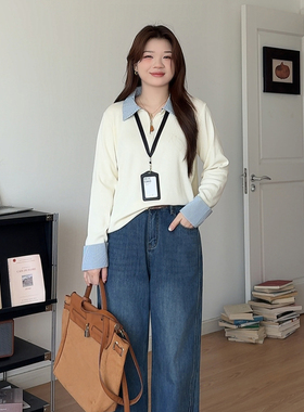 微胖的喵喵大码女装胖mm秋季气质通勤超好看显瘦拼接针织上衣0247