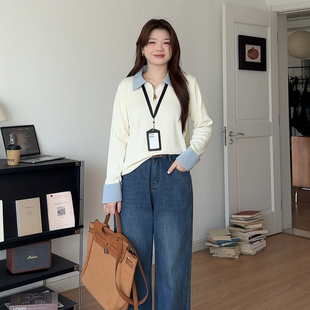 胖mm秋季 女装 气质通勤超好看显瘦拼接针织上衣0247 喵喵大码 微胖
