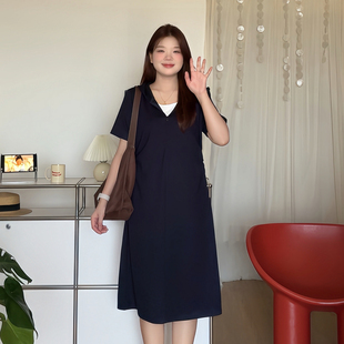 休闲显瘦遮肚连帽拼接撞色连衣裙5815 微胖 喵喵大码 女装 胖mm夏季