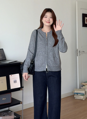 微胖的喵喵大码胖mm巨显瘦上衣秋季慵懒双头拉链针织开衫外套6239