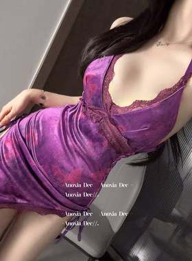 DEC浮影梦蝶 性感紫色蕾丝吊带睡裙女深V包臀高级感约会睡衣